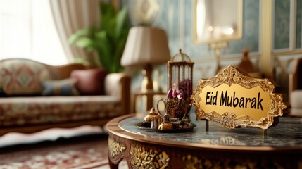 Fototapeta premium Elegant Eid Mubarak Sign: Golden Ornate Frame, Rich Interior Setting