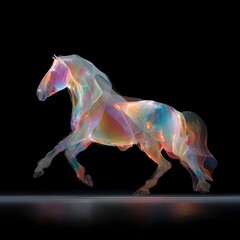 Colorful abstract representation of a horse in motion against a dark background