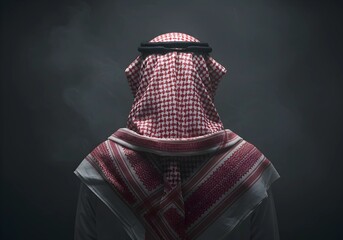 Man Wearing Traditional Arab Headdress Viewed From Behind in Dramatic Lighting