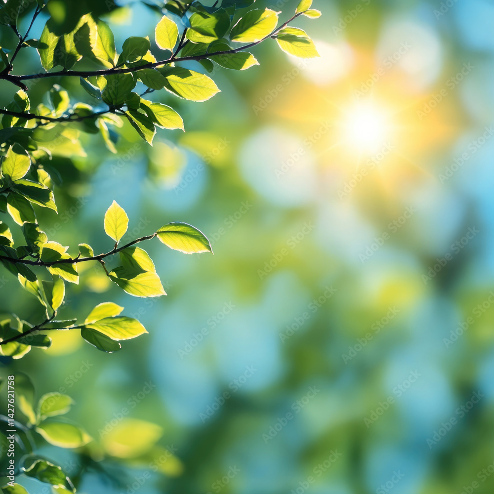 Poster bright sunlight filters through lush green leaves, creating serene and refreshing atmosphere. vibran