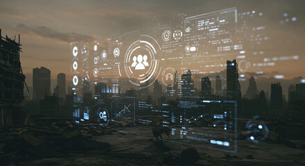 Futuristic Hud Interface Displayed Over A Post Apocalyptic Urban Cityscape