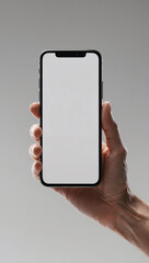 A hand holding a modern smartphone with a blank screen, ready for use. The smartphone is a sleek, modern design with a large, touch-sensitive display. 
