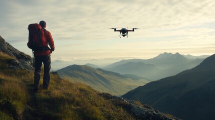 Obraz premium Drone Photography: Adventurer and Aerial View of Majestic Mountains