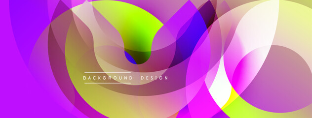 Abstract vibrant design features overlapping translucent shapes. Colors blendpurple, yellow, greencreating dynamic visual texture. Modern aesthetic, smooth gradients dominate composition.