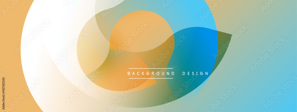 Poster abstract design features overlapping translucent circles. colors blendbeige, orange, blue, greencrea