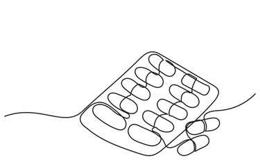 Continuous line drawing of medicine.Isometric single-line drawing of capsules and pills, including painkillers, antibiotics, vitamins, and aspirin in a modern minimal style.