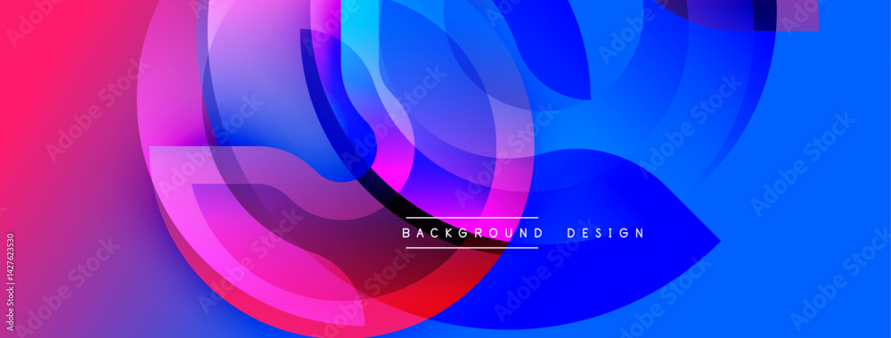 Poster Abstract vibrant background. Overlapping circles create dynamic composition. Gradient colors blend smoothly, offering modern aesthetic. Pink, blue, purple hues dominate design.