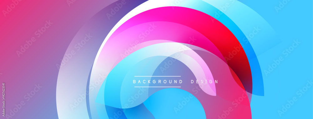 Poster Abstract background features overlapping translucent circles. Colors transition from purple, pink, red to blue. Modern design evokes fluidity, dynamism, visual harmony. Simple text reads background de