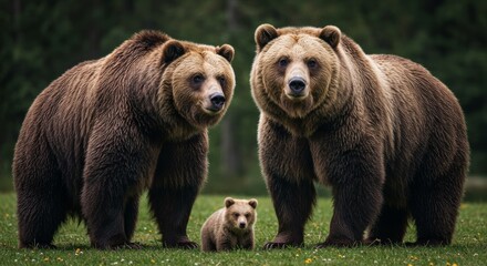 Fototapeta premium Two Grizzly Bears with Cub in Wild Meadow