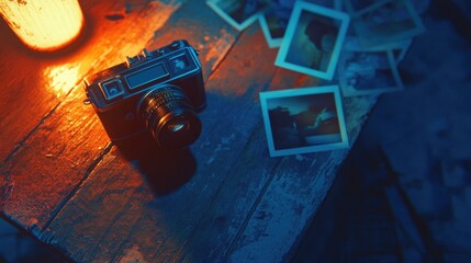 Vintage camera resting on a rustic wooden surface amidst faded photographs.