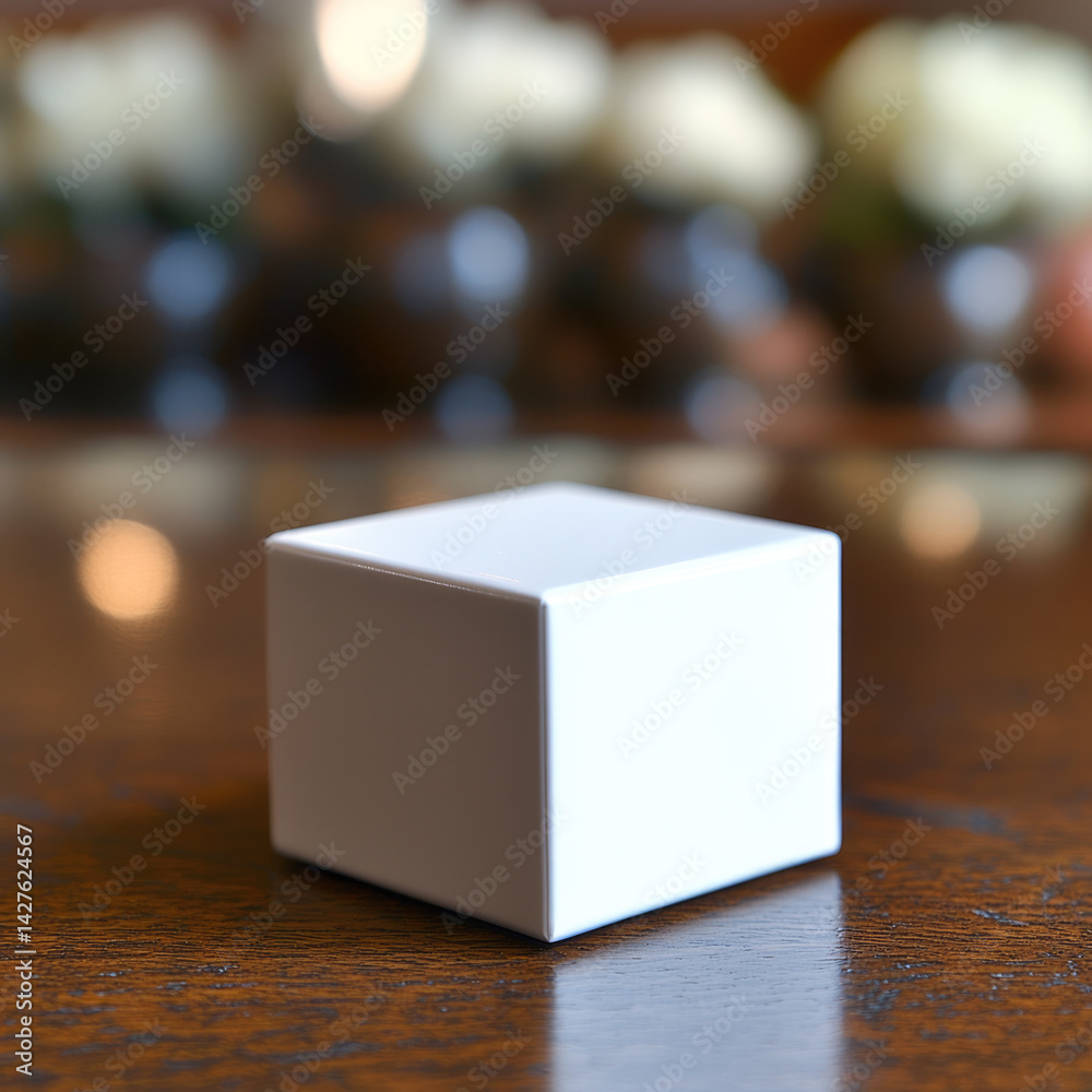 Poster small white box sits elegantly on wooden table, surrounded by blurred background of soft floral arra