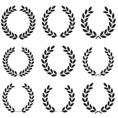 Obraz premium SET OF BLACK laurel wreath, flower, half, olive branch, roman laurel wreath, vintage laurel wreath, vector silhouettes