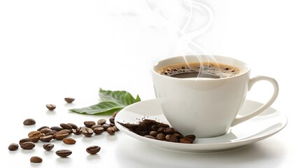 Obraz premium One coffee cup with steam rising, on a white background, high resolution, professional stock photo style, sharp focus, natural lighting, and simple and elegant design. 