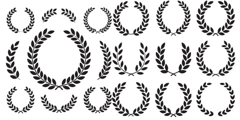SET OF BLACK laurel wreath, flower, half, olive branch, roman laurel wreath, vintage laurel wreath, vector silhouettes
