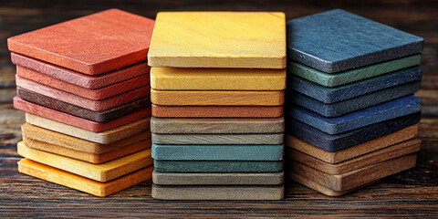  Stacked Wooden Colorful Coasters on Rustic Table