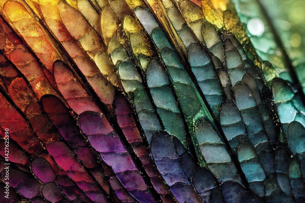Poster Close-up of Vibrant Butterfly Wing Pattern Displaying Intricate Iridescent Scales in a Spectrum of Colors