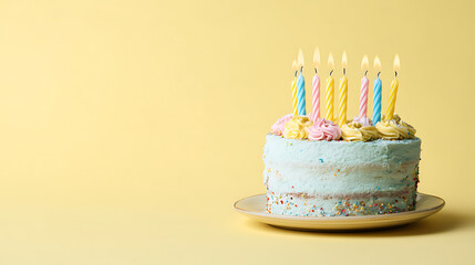 Colorful birthday cake with lit candles on a plate against a soft yellow background