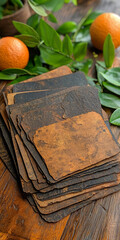  Textured Decorative Leaves and Oranges on Wooden Surface