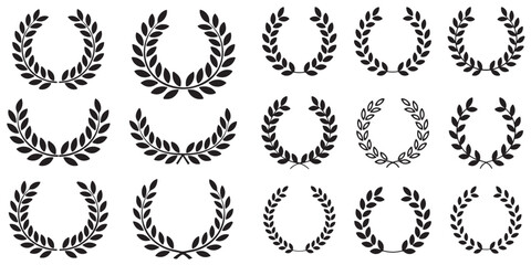 SET OF BLACK laurel wreath, flower, half, olive branch, roman laurel wreath, vintage laurel wreath, vector silhouettes