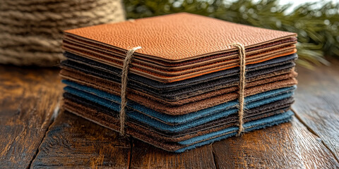  Stacked Colorful Notebooks with Twine on Wooden Table