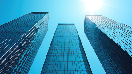 Modern skyscrapers rise against clear blue sky, showcasing sleek glass facades that reflect sunlight. architectural design emphasizes height and elegance, creating striking urban landscape