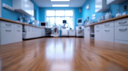 Foreground includes a polished wooden table, background reveals a brightly lit doctor's office with medical devices and clean white cabinets, no people
