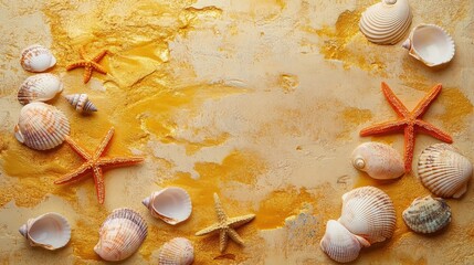 Sea shells and starfish are scattered along the shoreline, glistening under the soft morning sun. 