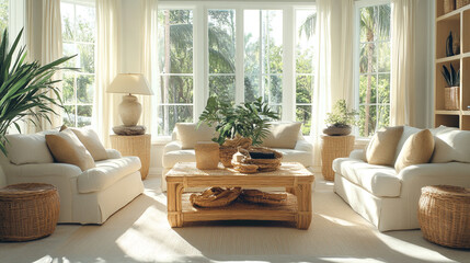 Obraz premium Comfortable sofa illuminating living room with glass window, A modern living room with garden view, featuring a soft white sectional sofa, Photo interior modern design room 3D illustration.