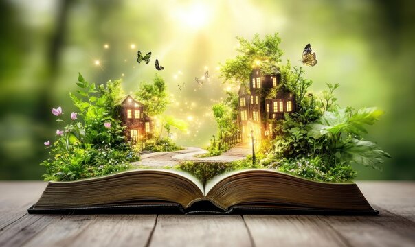 Enchanted fairytale houses emerge from open book, nature scene