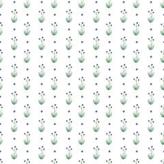 Seamless Pattern Featuring Blue Flowers and Grass on a White Background