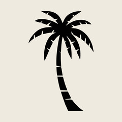 Tropical island palm tree with curved trunk silhouette in hand-drawn vector style