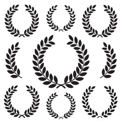 SET OF BLACK laurel wreath, flower, half, olive branch, roman laurel wreath, vintage laurel wreath, vector silhouettes