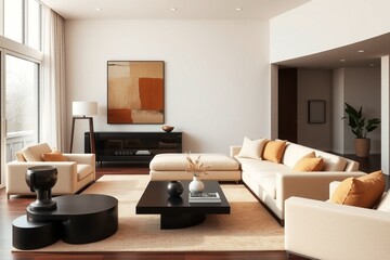Modern living room with sculptural black accents, soft textiles, and abstract wall art in warm, neutral tones...