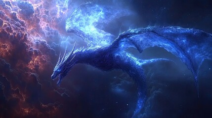 Dragon in blue hues soaring through a celestial background, combining mythical imagery and fantasy themes, creating an enchanting and mystical visual experience. -