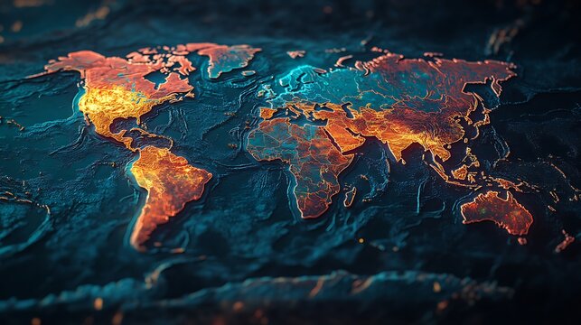 world map showing continents, country names, capital cities, and key geographic features like rivers and mountains in vibrant tones 