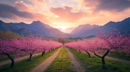 Fototapeta premium Spring peach orchard in full bloom with rows of trees covered in pink blossoms, mountain range and cloudy sunrise sky in the background, showcasing seasonal beauty and vibrant natural colors.