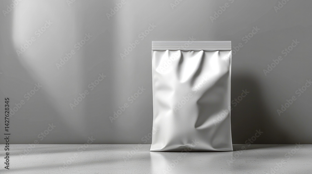 Poster white blank coffee bag mockup stands on smooth surface, showcasing its sleek design and minimalist a