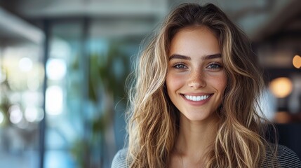 Radiant blonde woman with warm genuine smile exuding confidence joy and natural beauty in bright natural lighting  Elegant fashionable and glamorous portrait of a happy