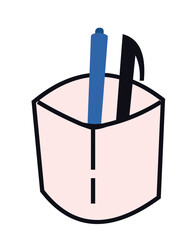 Vector illustration of the design of a stationery container like a plastic cup, which contains a blue and black color pen.