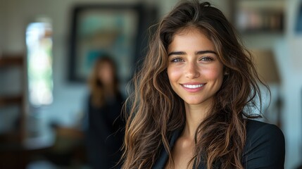 Portrait of a beautiful and confident young adult woman with curly brown hair smiling joyfully in a natural indoor setting