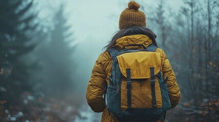 Adventurous woman with backpack hiking on trail through misty atmospheric autumn forest landscape  Concept of outdoor connection with nature
