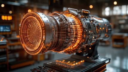 Detailed view of a powerful jet engine turbine with an intricate glowing metallic design  This image showcases the advanced engineering and complex mechanics of modern aviation technology