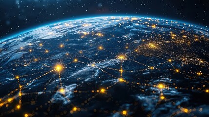 Aerial view of illuminated global network and city lights across the Earth s surface at night representing the interconnectedness technological advancement and economic progress of the modern world