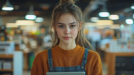 Attractive young woman with blonde hair wearing a casual stylish outfit and smiling at the in a warm cozy cafe or restaurant setting with indoor lighting and blurred background