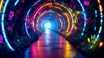Neon Flower Tunnel A vibrant pathway illuminated by colorful lights and lush flora, leading to a bright destination.