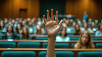 Raised hand of a student or participant in a crowded lecture hall or auditorium during a university presentation seminar or academic event