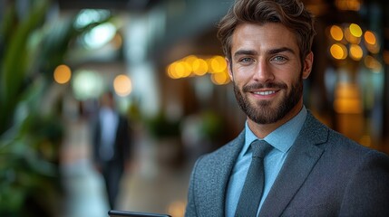 Portrait of a confident and well dressed businessman posing in a formal suit under the blurred lights of a city skyline at night conveying a sense of success leadership