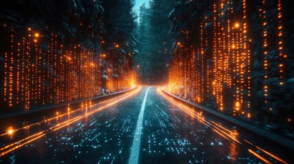 Mesmerizing futuristic city lights illuminating an ethereal glowing tunnel highway skyline at night  Captivating digital visualization of a surreal modern urban landscape