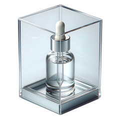 A Transparent Glass Serum Bottle in a transparent glass Box isolated on White background 1