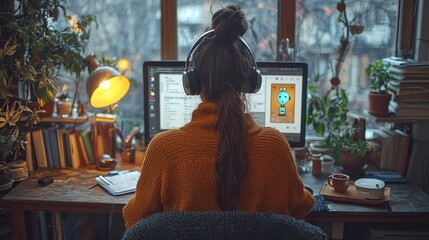 Cozy and Productive Home Office in Winter Atmosphere with Woman Working on Computer  Warm and Inviting Workspace with Bookshelf Plants